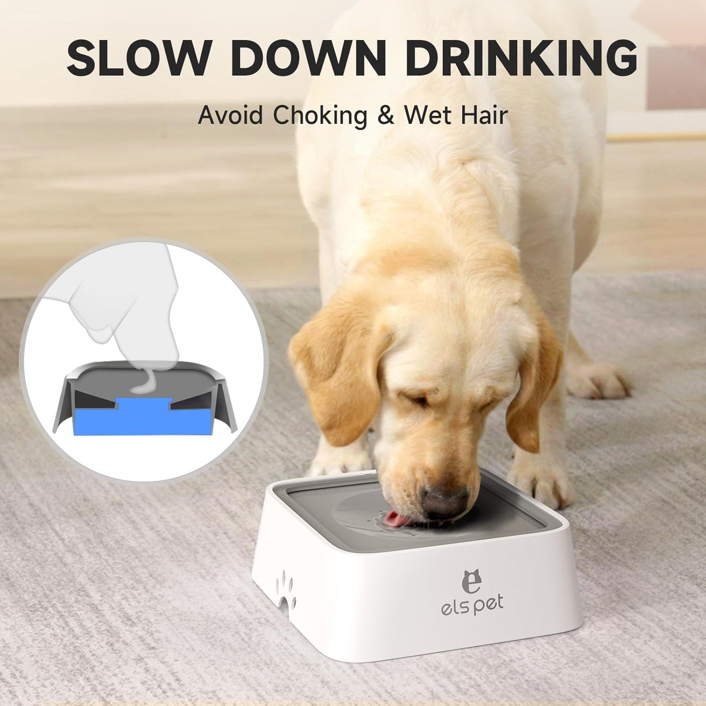 No Spill Slow Water Feeder - Large Capacity 70Oz/2L Travel Bowl for Dogs & Cats Anti-Gulping, Keeps Floor & Beard Dry, Dishwasher Safe, Activated Carbon Filter Included (Grey)
